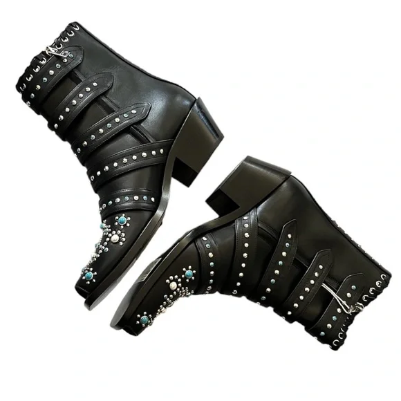 NEW Burberry Women’s Albertina Studded Peep-Toe Booties size 38.5 Black - Picture 4 of 14